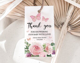 Bewerkbare vlinder baby shower gunst tag sjabloon, meisje vlinder dank u tags, blozen roze gouden vlinder partij gunsten, verjaardagscadeau tags