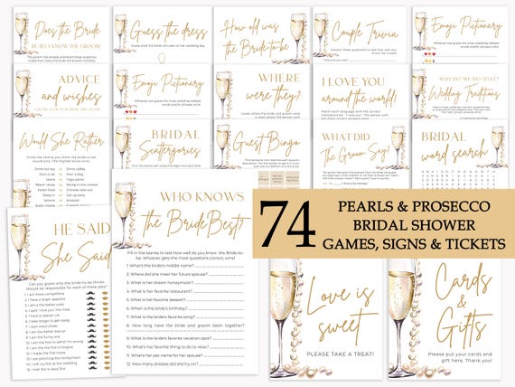 Pearls and Prosecco Bridal Shower Games, Minimalist Pearls & Prosecco Bridal Shower Game Bundle, Printable Bridal Party Games Package PP2