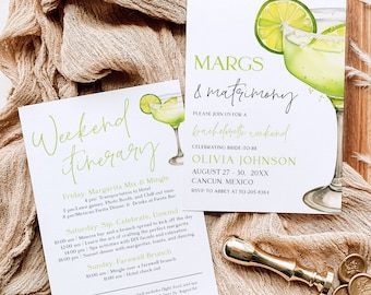 May include: A white invitation with green text and a watercolor illustration of a margarita. The text reads "MARGS & matrimony" and "PLEASE JOIN US FOR A bachelorette weekend". The invitation is for Olivia Johnson's bachelorette weekend in Cancun, Mexico, August 27-30. RSVP to Abbey at 513-205-8384.