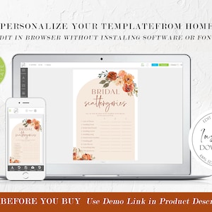 Pu&ograve; includere: Un laptop e uno smartphone mostrano un modello di gioco "Bridal Scattergories" con accenti floreali. Il design presenta una palette di colori neutri con il testo "Personalizza il tuo modello da casa". L'immagine include anche il testo "Download istantaneo".