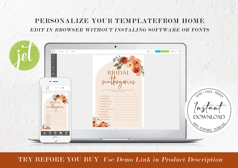 Pu&ograve; includere: Un laptop e uno smartphone mostrano un modello di gioco "Bridal Scattergories" con accenti floreali. Il design presenta una palette di colori neutri con il testo "Personalizza il tuo modello da casa". L'immagine include anche il testo "Download istantaneo".