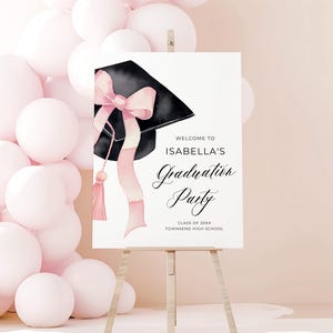 Pink Bow Graduation Cap Graduation Welcome Sign, Class 2025 Graduate Pink Coquette Grad Party Poster, High School Grad Party Welcome Sign G1