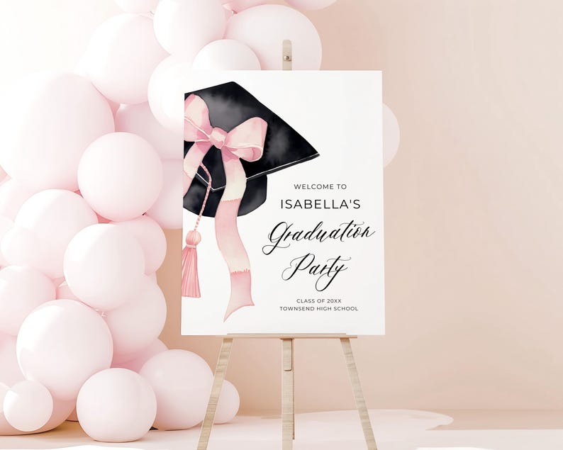 Pink Bow Graduation Cap Graduation Welcome Sign, Class 2025 Graduate Pink Coquette Grad Party Poster, High School Grad Party Welcome Sign G1
