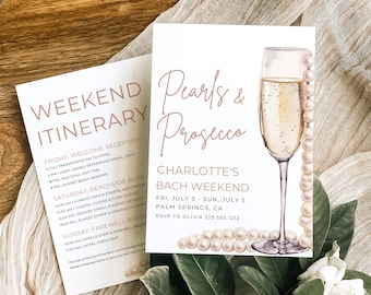 Pearls and Prosecco Bachelorette Invitation and Itinerary, Pearls Bachelorette Party Invitation, Pearls & Prosecco Bachelorette Party PP1