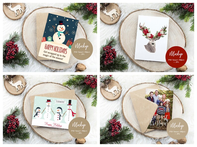 May include: Four Christmas card mockups with different designs. The cards are on a wooden slice with a brown envelope and a small wooden reindeer ornament. The designs include a snowman, a deer with red flowers, a group of snowmen, and a family photo.