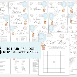 18 Blue Hot Air Balloon Baby Shower GAMES Package, Editable Baby Boy Games Printable balloon baby shower Up up and away Adventure awaits Set