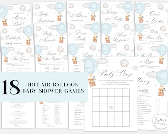 18 Blue Hot Air Balloon Baby Shower GAMES Package, Jeux de bébé garçon modifiables Shower de bébé ballon imprimable Up and away Adventure attend Set