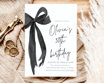 Editable Black Bow Birthday Invitation Template, Minimalist Black Bow Birthday Invite, Black Ribbon Coquette 30th 40th 50th Birthday Party