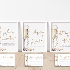 May include: Three printable signs for a bridal shower with a champagne and pearl theme. The signs say "Where were they?", "Advice & Wishes", and "Date Night Ideas".