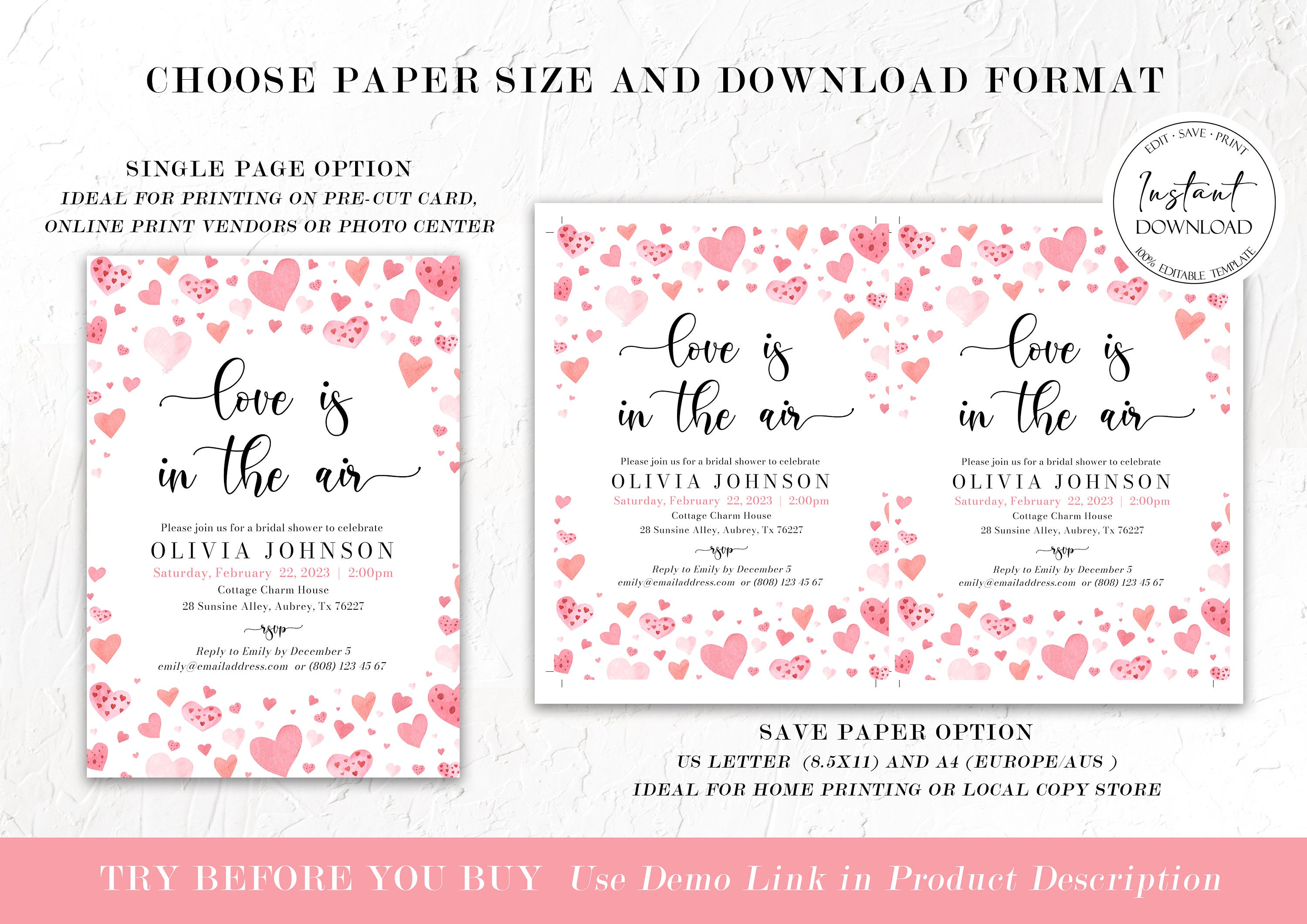 El amor está en el aire Plantilla de invitación de despedida de soltera,  tema del día de San Valentín invitación de despedida de soltera imprimible  amor rosa corazones rojos despedida de soltera -, image size:3000x2121