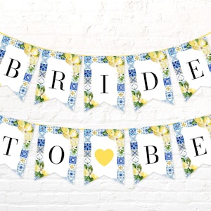 Azulejos Azules Limones Despedida de Soltera Novia para ser Banner Plantilla Mediterránea Despedida de Soltera Bunting Banner Editable Italia Costa de Amalfi Banner M1