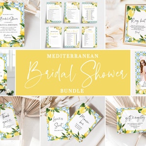 Blue Tiles Lemon Bridal Shower Bundle Mediterranean Bridal Shower Set Editable Amalfi Coast Tuscan Greek Spanish Bridal Shower Invitation M3