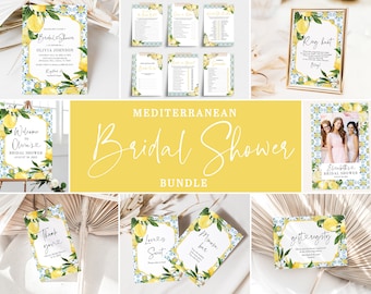 May include: A set of printable bridal shower decorations featuring a Mediterranean theme with lemons and blue and white tile patterns. The set includes a welcome sign, a thank you sign, a ring toss game, a photo booth backdrop, a love is sweet sign, a mimosa bar sign, and a gift registry sign.