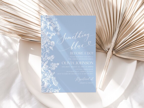 Something Blue Before I do Bridal Shower Invitation Template, Vintage Botanical Bridal Shower Invite, Wildflower Dusty Blue Floral Shower B4