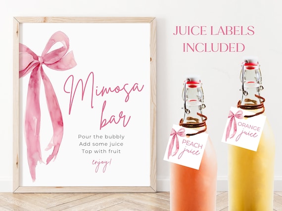 She's Tying the Knot Bridal Shower Mimosa Bar Sign, Pink Bow Mimosa Sign Template, Blush Pink Ribbon Bow Mimosa Bubbly Bar Juice Labels TK1