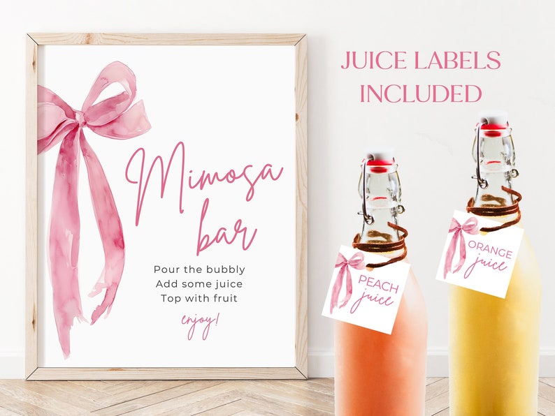 She's Tying the Knot Bridal Shower Mimosa Bar Sign, Pink Bow Mimosa Sign Template, Blush Pink Ribbon Bow Mimosa Bubbly Bar Juice Labels TK1