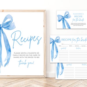 Modèle de carte de recette de douche nuptiale elle fait le noeud, carte de recette de noeud bleu minimaliste, quelque chose de bleu ruban noeud de cartes de recettes de cuisine de cuisine TK2