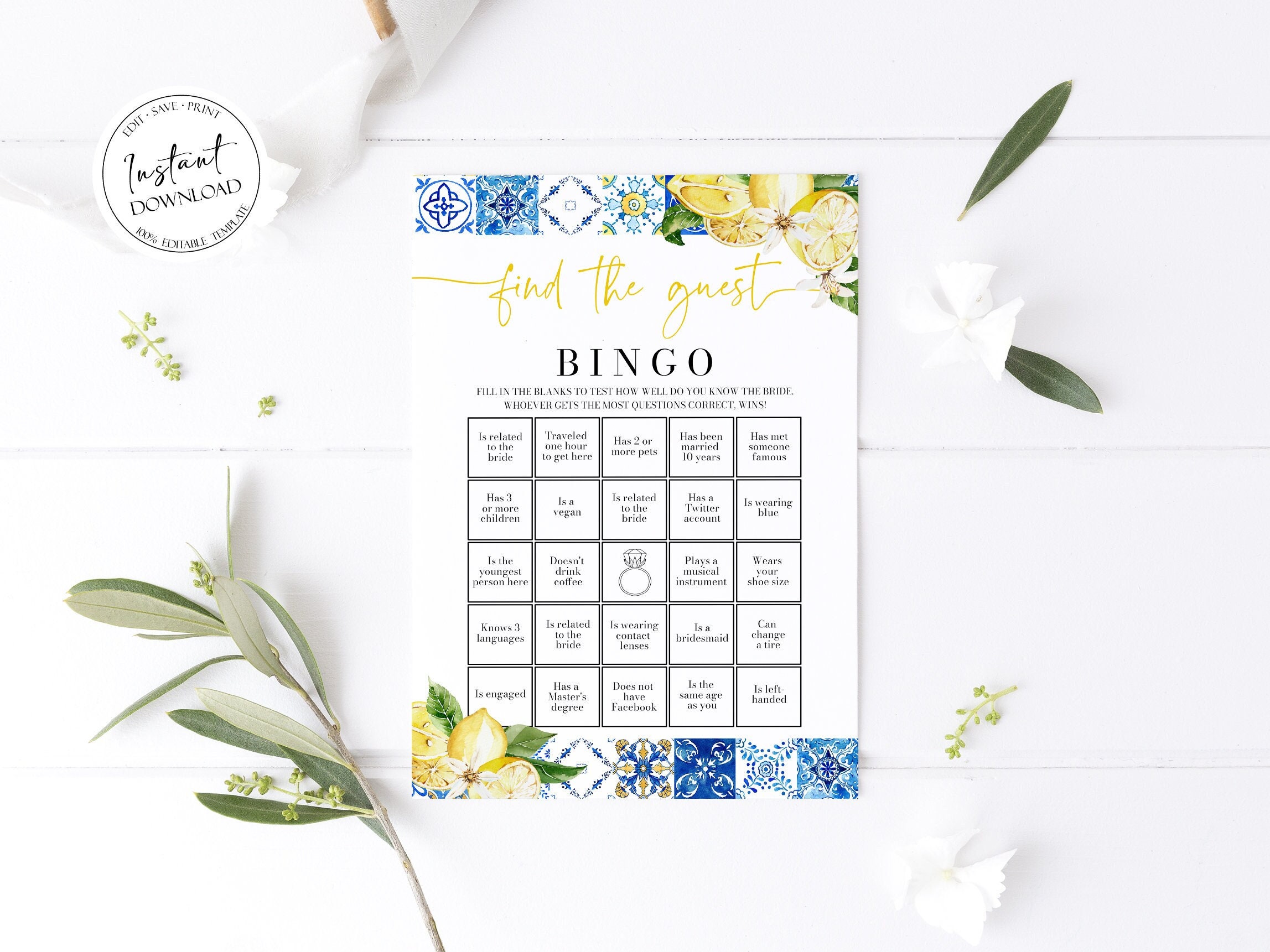 Blue Tile Lemons Bridal Shower Find the Guest Bingo Bridal Shower Game, Printable Mediterranean Amalfi Coast Find the Guest Bingo Game M1
