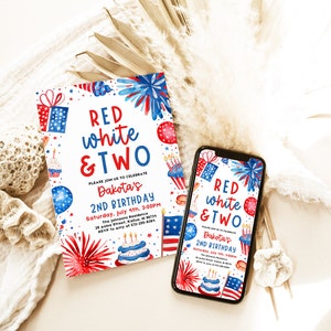 Red White and Two Birthday Invitation Bundle, 4th of July 2nd Birthday ...