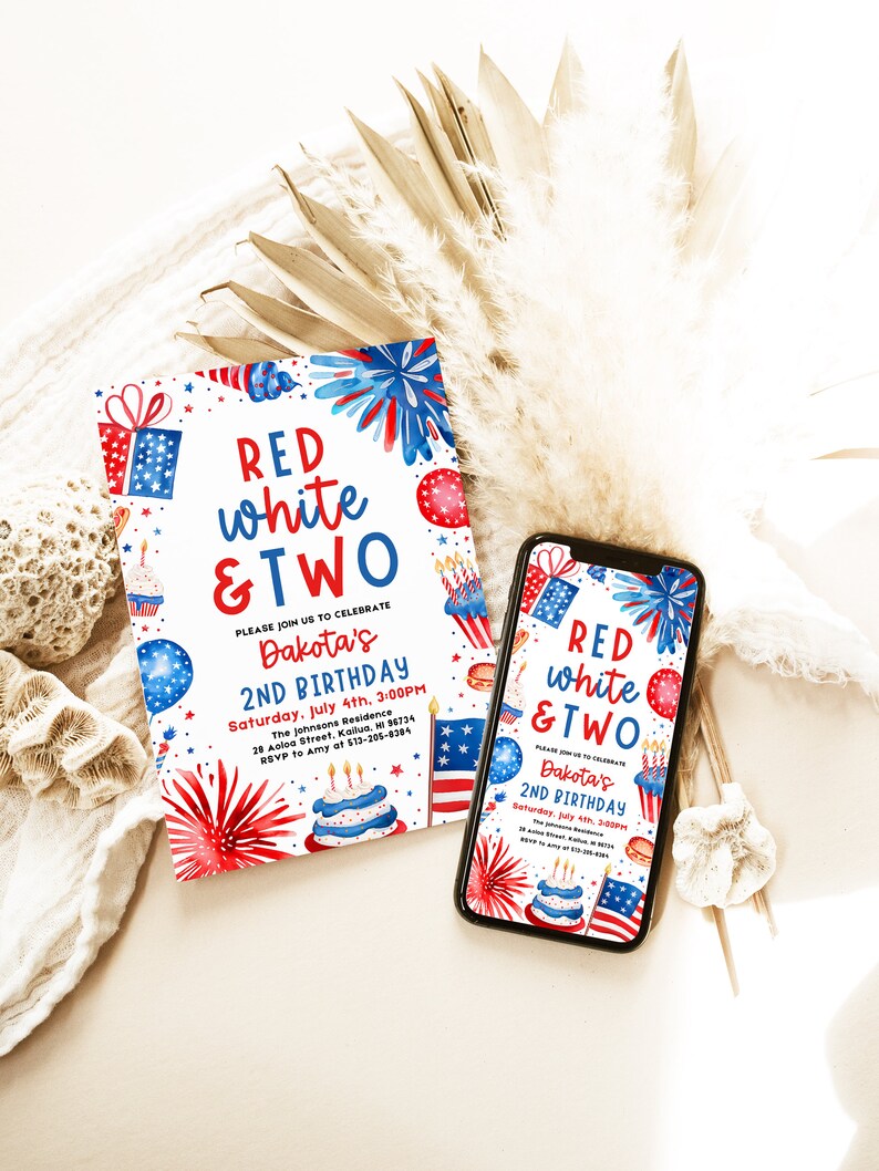 Red White and Two Birthday Invitation Bundle, 4th of July 2nd Birthday ...