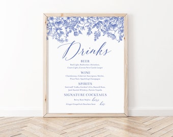 Segno di bevanda floreale blu polveroso per matrimonio, modello stampabile di segno di menu bar vittoriano blu, segno di bar vintage blu menu di bevande botaniche floreali B3