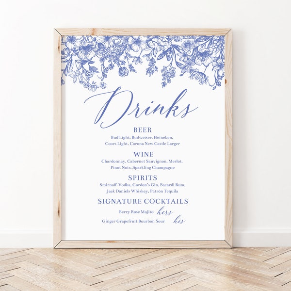 Dusty Blue Floral Wedding Drink Sign, Printable Victorian Blue Bar Menu Sign Template, Blue Vintage Bar Sign Floral Botanical Drinks Menu B3