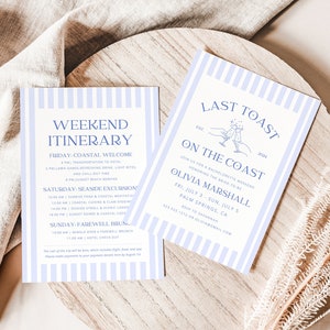 Op de afbeelding: Een kaart met blauwe en witte strepen met de tekst "Weekend Itinerary" en een lijst met activiteiten voor een weekendtrip. De kaart bevat ook een kaart met blauwe en witte strepen met de tekst "Last Toast on the Coast" en de datum "July 3 - July 5, 2023".
