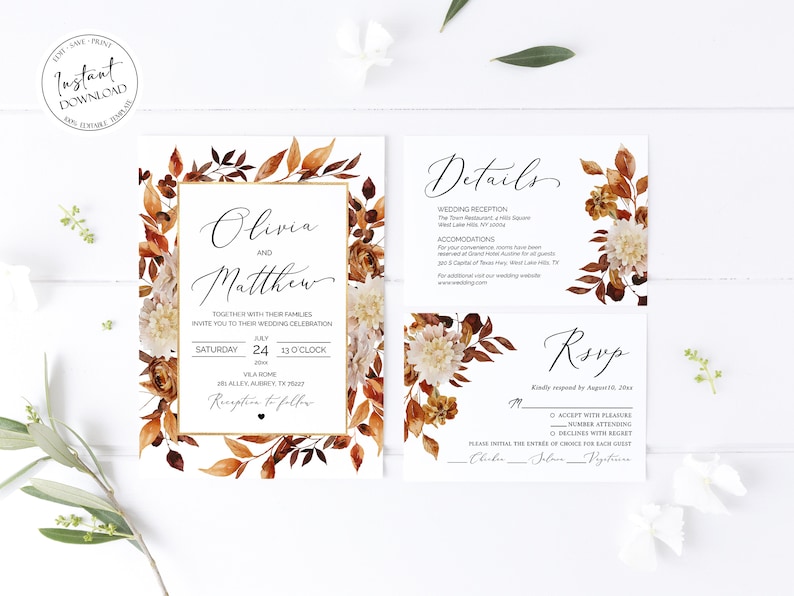 May include: Wedding invitation suite with a fall theme. The invitation features a gold frame with the names Olivia and Matthew, a date of July 24, 2023, and a time of 1:00 PM. The invitation is decorated with watercolor illustrations of fall leaves and flowers in shades of orange, brown, and white.
