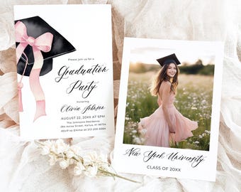 Pink Bow Graduation Cap Graduation Invitation, Class 2026 Graduate, Coquette Grad Party Invite, High School Graduation Announcement G1