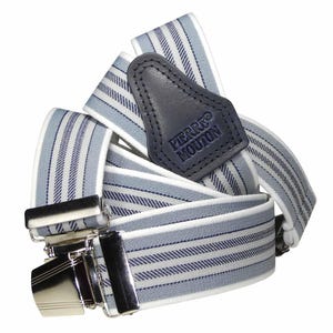 May include: Blue and white striped suspenders with silver metal clasps and a navy leather back patch. The patch is embossed with the text "PIERRE MOUTON". The suspenders are a classic accessory.