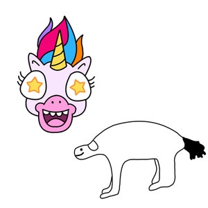 Op de afbeelding: Een cartoon-eenhoorn met een roze, blauwe en oranje manen en een gele hoorn. De eenhoorn heeft grote ogen met gele sterren erin. De eenhoorn kijkt naar rechts. Onder de eenhoorn bevindt zich een zwart-witte omtrek van een eenhoorn.