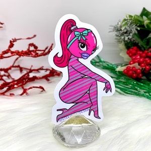 Miss Ornamenta Cute Pink & Teal Wrapped Sexy Xmas Ornament Girl Sticker