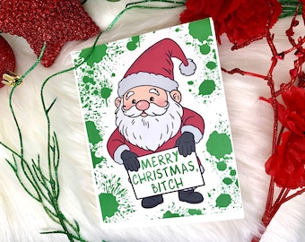 Merry Christmas, Bitch Snarky Santa Green Splatter Christmas Greeting Card Pack