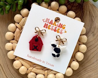 Farm Friends Clay Earrings | Handmade Teacher Gift Earrings | Whimsical Barn and Cow Dangle Earrings