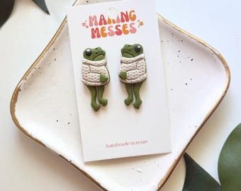 Cute Frog Earrings | Whimsical Animal Earrings | Cozy Sweater Frog Earrings | Handmade Clay Earrings