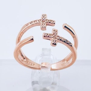 Christian double cross ring, women&#39;s crucifix ring, vintage handmade jewelry, Christian cross stone ring, wedding gift