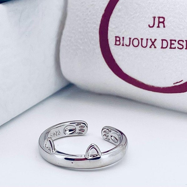 Bague Motif Chat en Argent • Bague Oreilles et Pattes de Chat • Anneau Réglable • Cadeau pour Elle • Cadeau de Noel