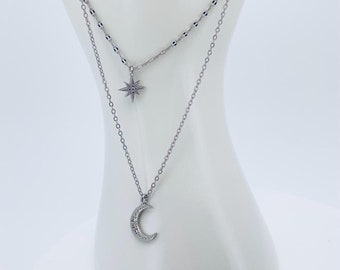 Double Chain Necklace with Star and Moon Pendants • Sterling Silver Jewelry for Women • Stellar Jewelry • Gift for Her • Christmas