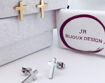 Petites Boucles d'Oreilles Croix en Acier Inoxydable • Bijou Religieux Chrétien • Cadeau pour Elle • Cadeau de Noël