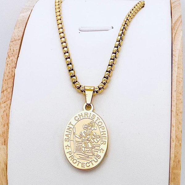 Collier Médaille Saint Christophe en Acier Inoxydable • Bijou Religieux Chrétien pour Homme et Femme • Cadeau pour Lui et Elle