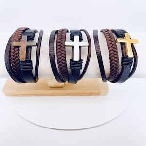 Bangle armband, gevlochten leren kruisarmband, religieuze herenarmband, roestvrijstalen christelijke sieraden, Vaderdagcadeau