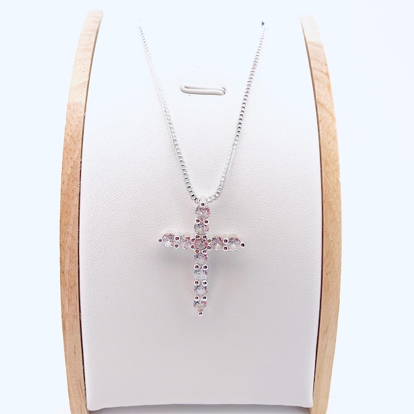 Collier Femme avec Pendentif Croix en Argent et Zircon • Perles de Diamant • Bijou Religieux Chrétien • Cadeau pour Elle