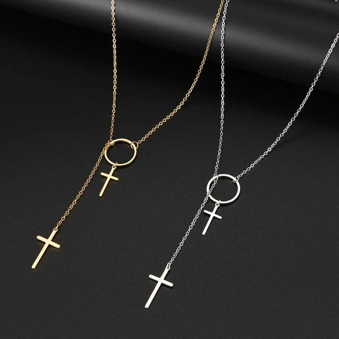 Linked Double Cross Pendant Necklace in Silver Christian Etsy Sweden