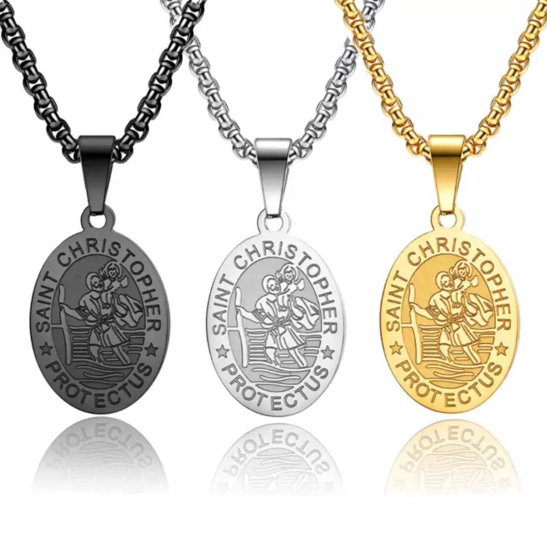 Pendentif Médaillon Saint Christophe Argenté Rétro - Chaîne Incluse, Bijou Fantaisie Unisexe | Occasion Bon état