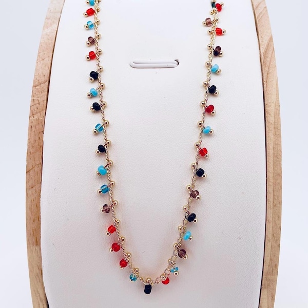 Collier de Mode pour Femme en Acier Inoxydable et Perles de Couleurs • Cadeau pour Elle • Cadeau de Noel