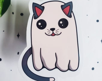 Cute Cat Ghost Sticker | Spooky Halloween Ghost Decal | Black Cat Laptop Sticker | Spooky Water Bottle Sticker | Cute Sheet Ghost Sticker