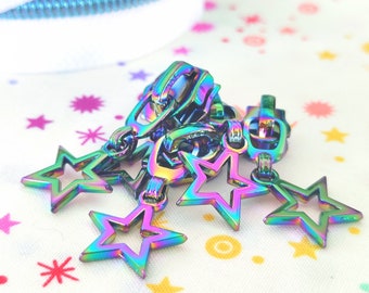 Rainbow Iridescent #5 Star Charm Metal Zipper Pulls, Set of 5!