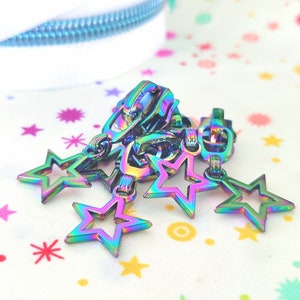 Rainbow Iridescent #5 Star Charm Metal Zipper Pulls, Set of 5!