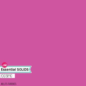 May include: A solid pink fabric swatch with the text "Essential Solids" and "COSMO" in a white banner with a teal border. The text "ALLI'S FABBIES" is below the banner.