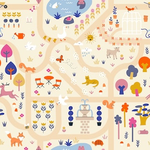 May include: A colorful illustration of a whimsical park scene with a variety of animals, plants, and objects. The park features a pond, a fountain, a greenhouse, a garden, and a path winding through the scene. The illustration is filled with bright colors and playful details.